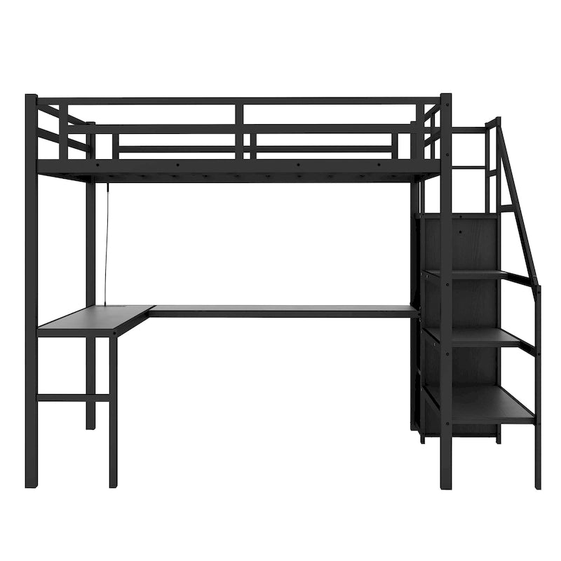 Lit mezzanine métallique double XL avec bureau en L, escalier-dressing et lumières LED