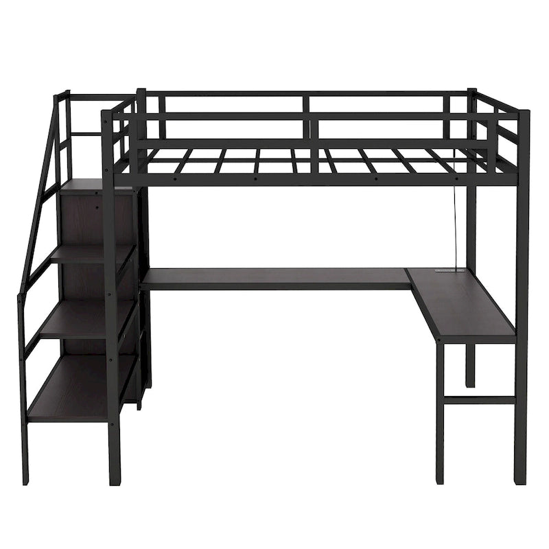 Lit mezzanine métallique double XL avec bureau en L, escalier-dressing et lumières LED