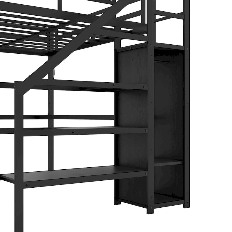 Lit mezzanine métallique double XL avec bureau en L, escalier-dressing et lumières LED