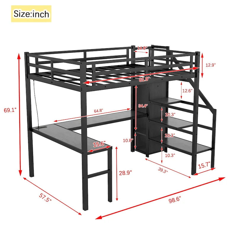 Lit mezzanine métallique double XL avec bureau en L, escalier-dressing et lumières LED