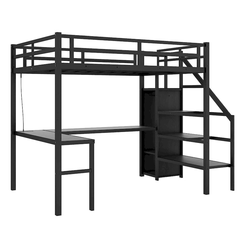 Lit mezzanine métallique double XL avec bureau en L, escalier-dressing et lumières LED