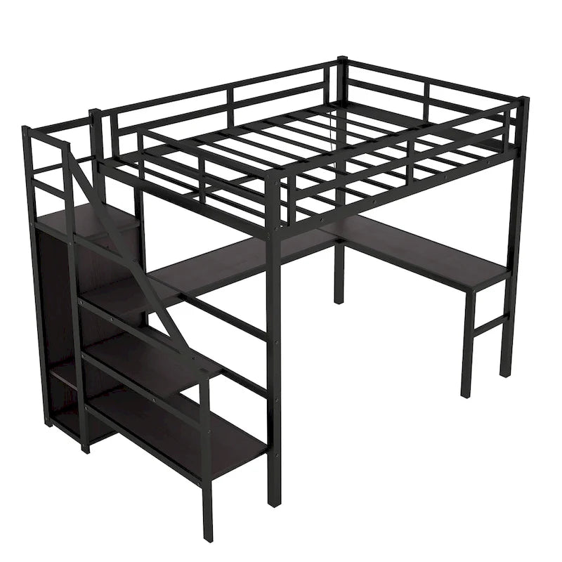 Lit mezzanine métallique double XL avec bureau en L, escalier-dressing et lumières LED