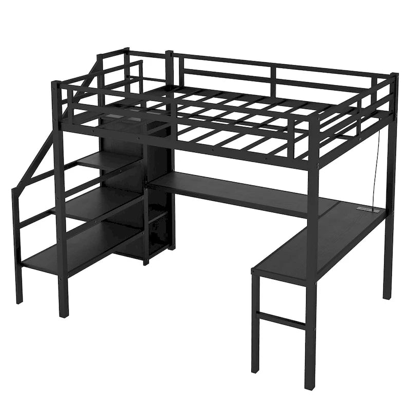 Lit mezzanine métallique double XL avec bureau en L, escalier-dressing et lumières LED