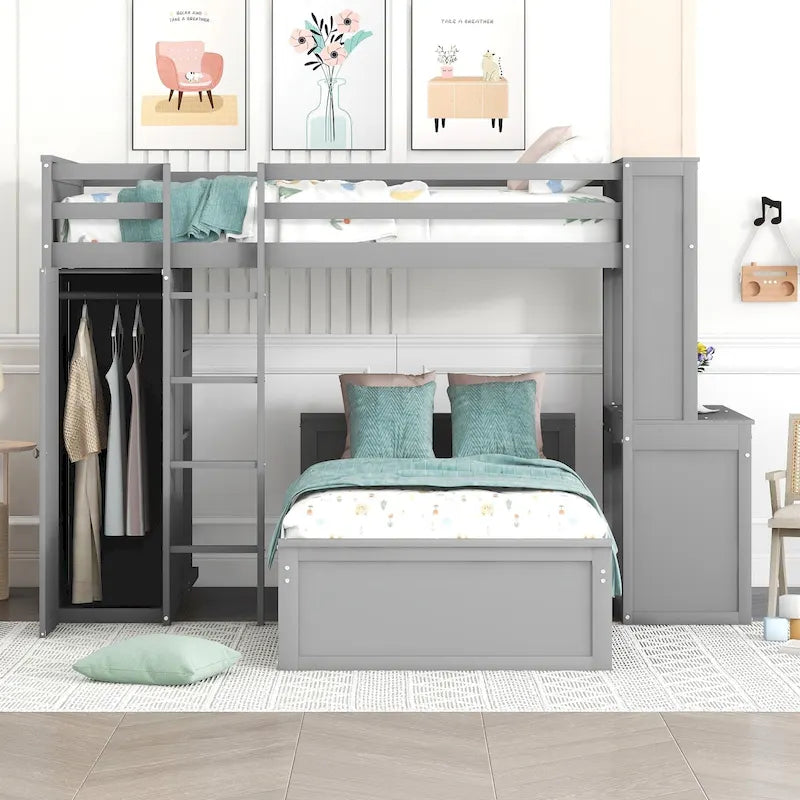 Lit mezzanine en pin, taille jumeau, avec lit inférieur, bureau, étagères et armoire