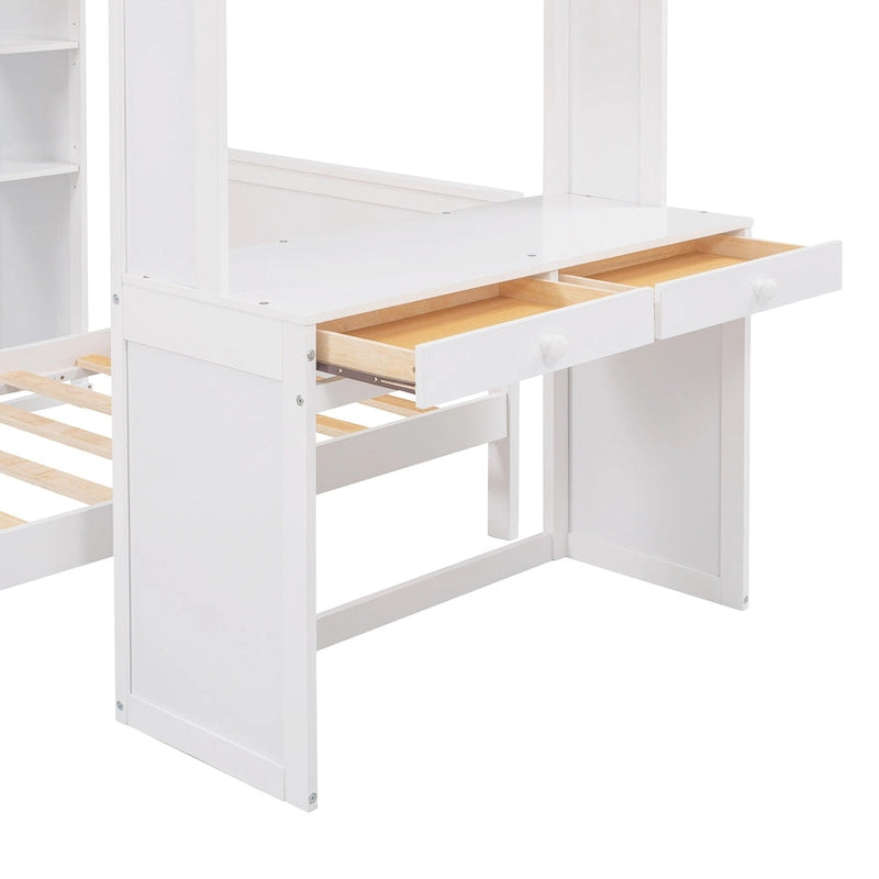 Lit mezzanine en pin, taille jumeau, avec lit inférieur, bureau, étagères et armoire
