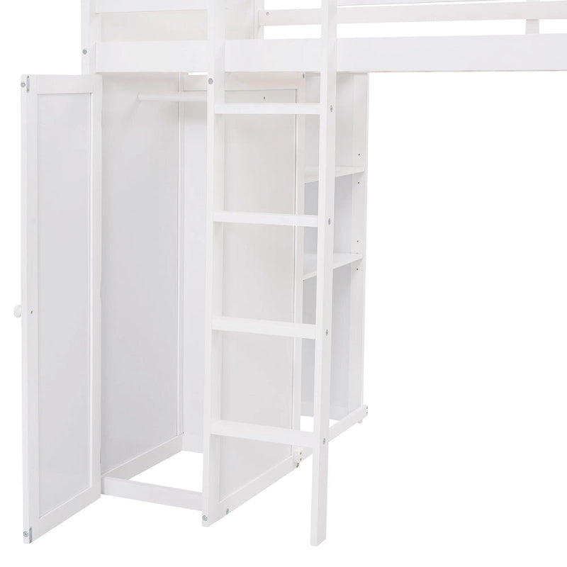 Lit mezzanine en pin, taille jumeau, avec lit inférieur, bureau, étagères et armoire