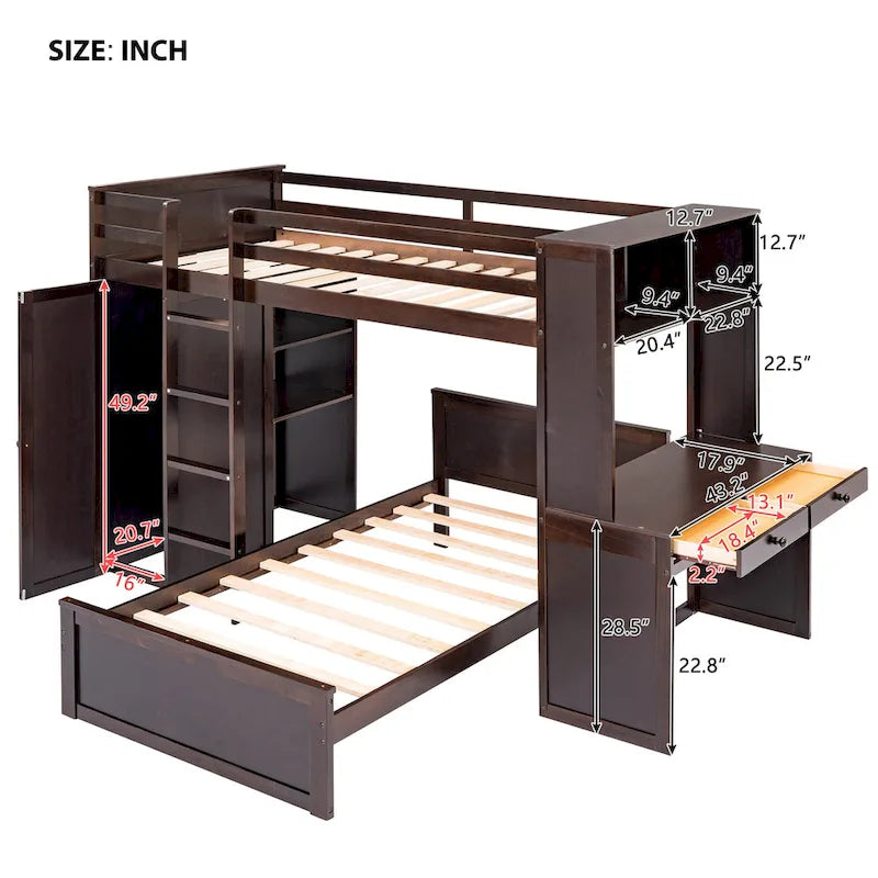 Lit mezzanine en pin, taille jumeau, avec lit inférieur, bureau, étagères et armoire