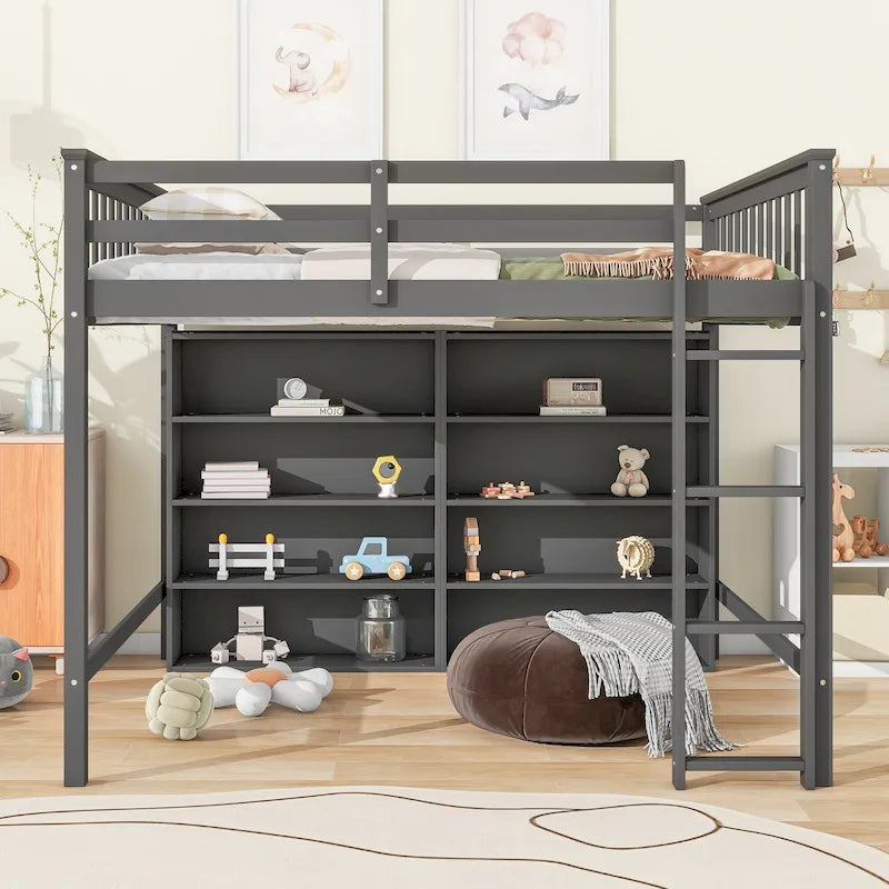 Lit mezzanine double en pin avec 8 étagères de rangement ouvertes et échelle intégrée