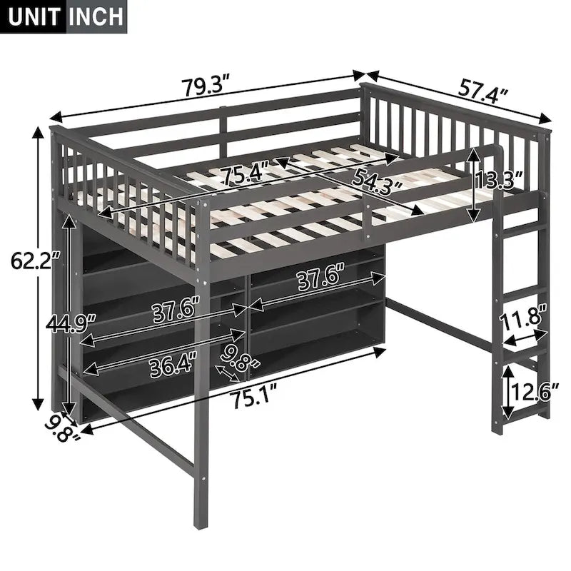 Lit mezzanine double en pin avec 8 étagères de rangement ouvertes et échelle intégrée