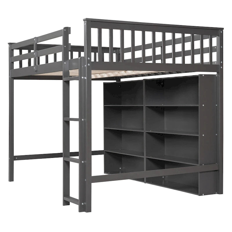 Lit mezzanine double en pin avec 8 étagères de rangement ouvertes et échelle intégrée