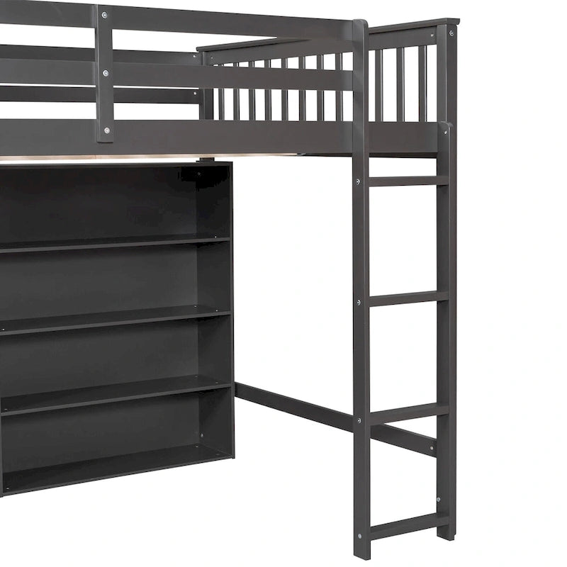 Lit mezzanine double en pin avec 8 étagères de rangement ouvertes et échelle intégrée