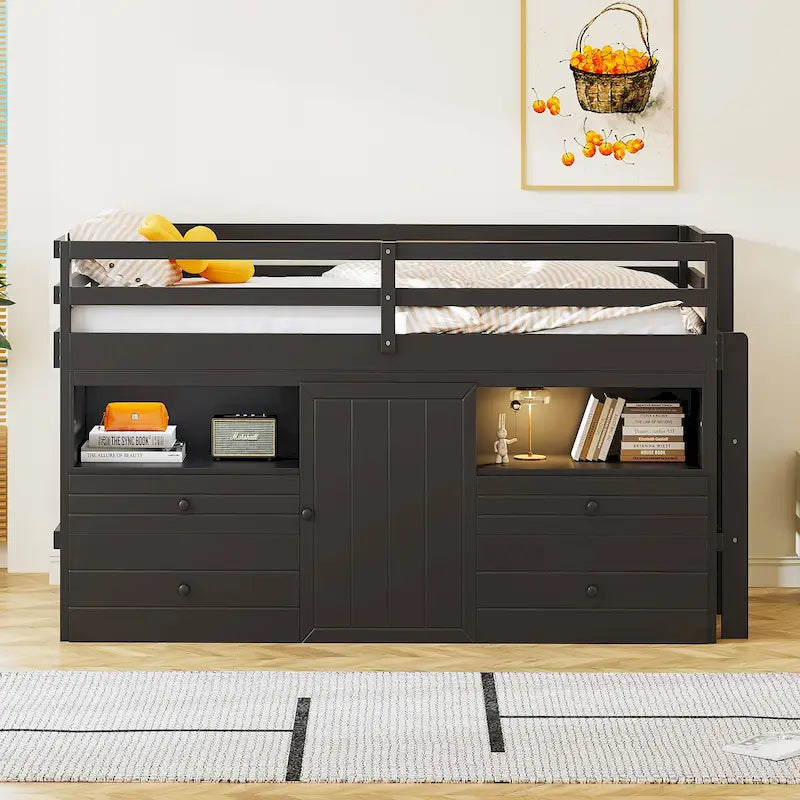 Lit mezzanine en bois massif taille double avec 4 tiroirs, armoire et étagères