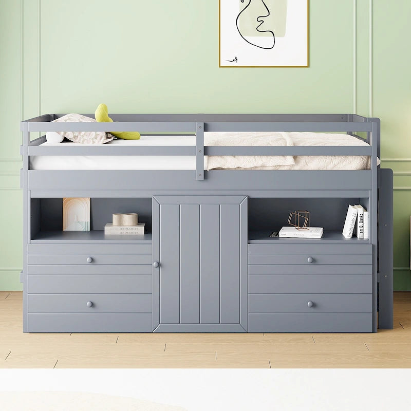Lit mezzanine en bois massif taille double avec 4 tiroirs, armoire et étagères