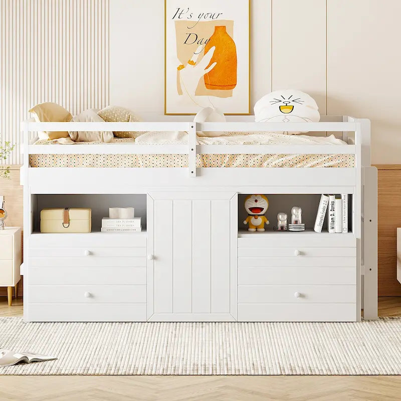 Lit mezzanine en bois massif taille double avec 4 tiroirs, armoire et étagères
