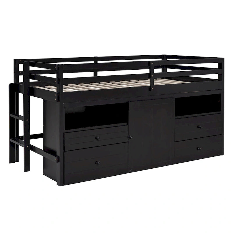 Lit mezzanine en bois massif taille double avec 4 tiroirs, armoire et étagères