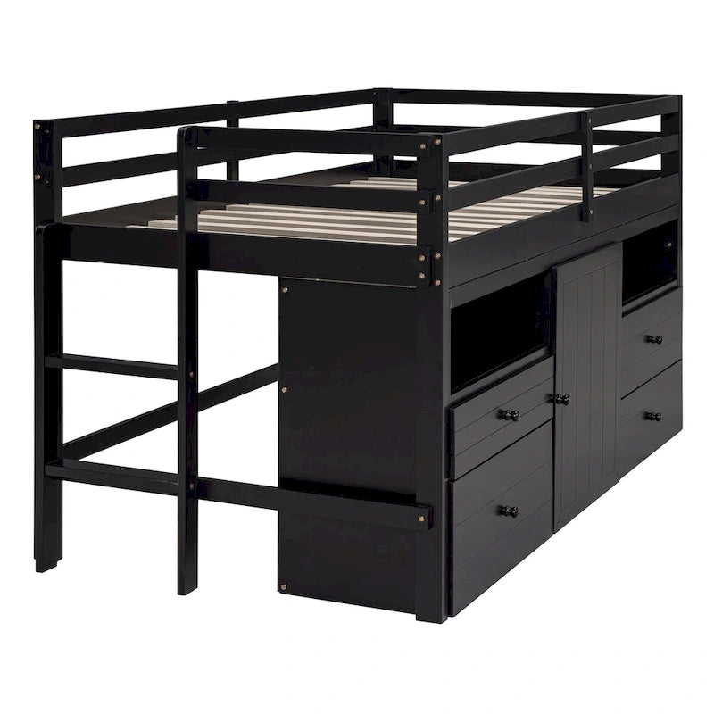 Lit mezzanine en bois massif taille double avec 4 tiroirs, armoire et étagères