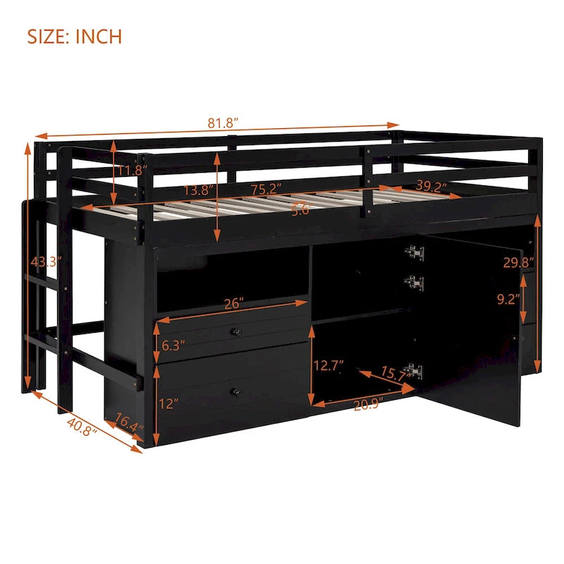 Lit mezzanine en bois massif taille double avec 4 tiroirs, armoire et étagères