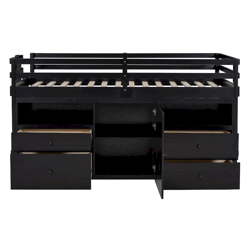 Lit mezzanine en bois massif taille double avec 4 tiroirs, armoire et étagères