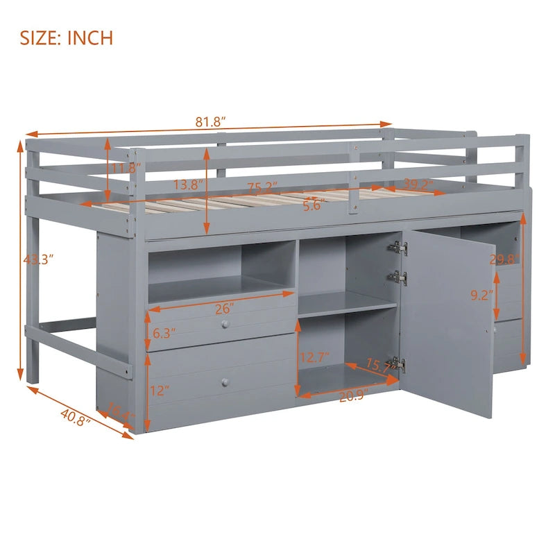 Lit mezzanine en bois massif taille double avec 4 tiroirs, armoire et étagères
