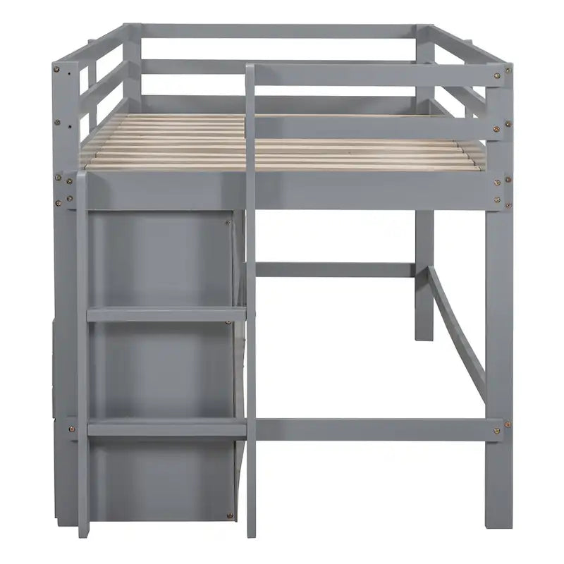 Lit mezzanine en bois massif taille double avec 4 tiroirs, armoire et étagères
