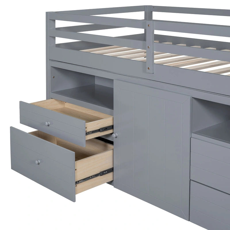 Lit mezzanine en bois massif taille double avec 4 tiroirs, armoire et étagères