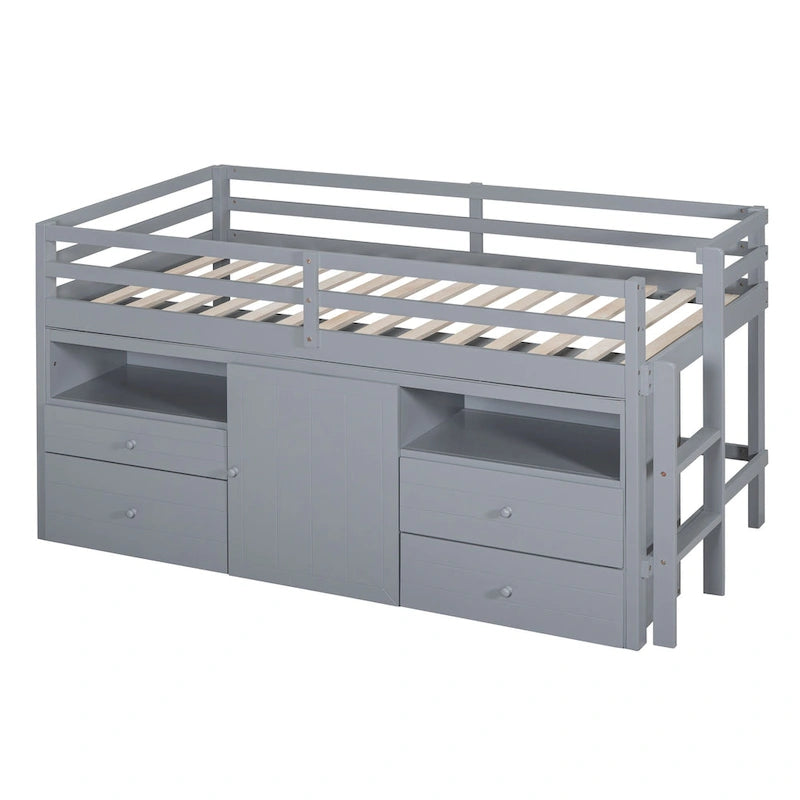 Lit mezzanine en bois massif taille double avec 4 tiroirs, armoire et étagères