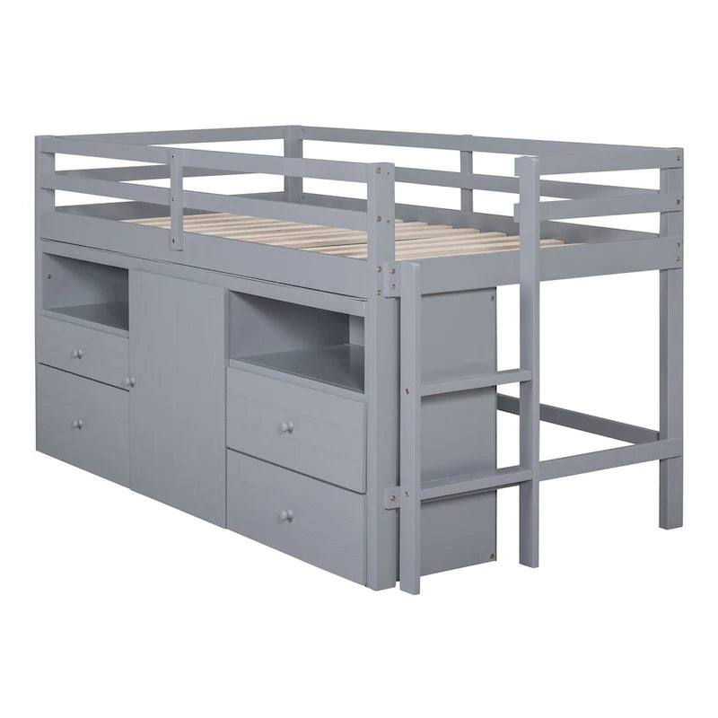 Lit mezzanine en bois massif taille double avec 4 tiroirs, armoire et étagères