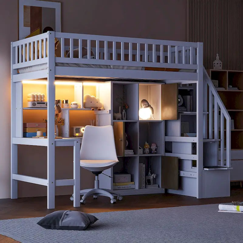 Lit mezzanine double en bois massif avec bureau en L, lumières LED, armoires et escalier de rangement
