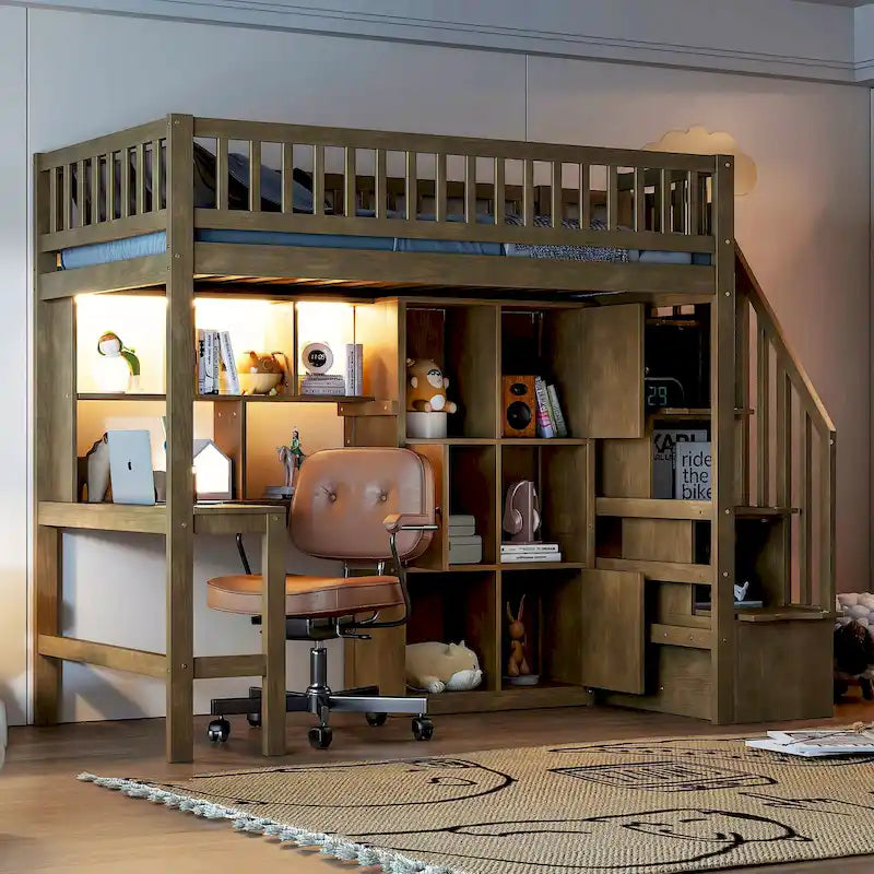 Lit mezzanine double en bois massif avec bureau en L, lumières LED, armoires et escalier de rangement