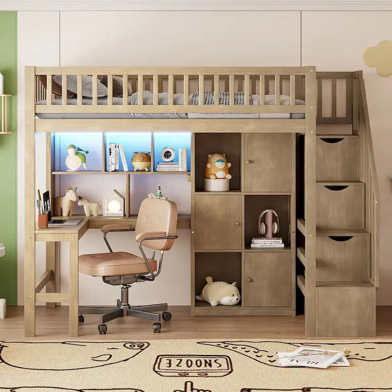 Lit mezzanine double en bois massif avec bureau en L, lumières LED, armoires et escalier de rangement