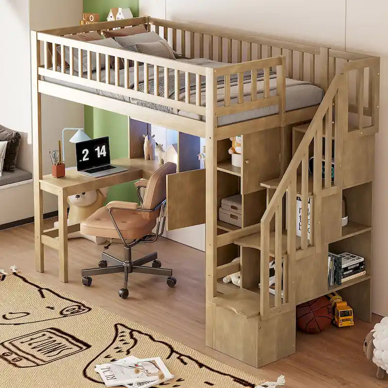 Lit mezzanine double en bois massif avec bureau en L, lumières LED, armoires et escalier de rangement