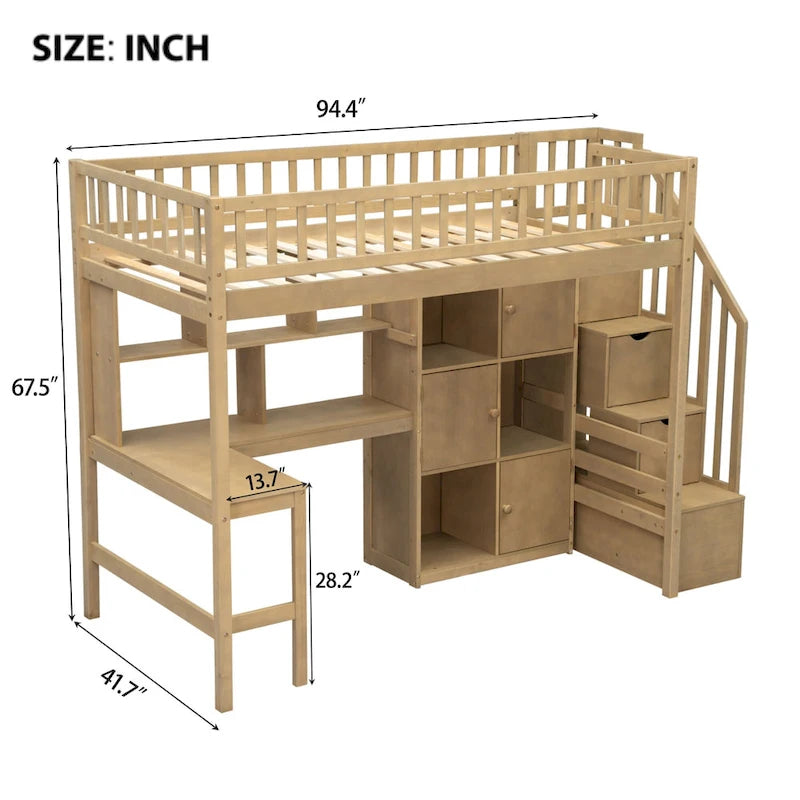 Lit mezzanine double en bois massif avec bureau en L, lumières LED, armoires et escalier de rangement