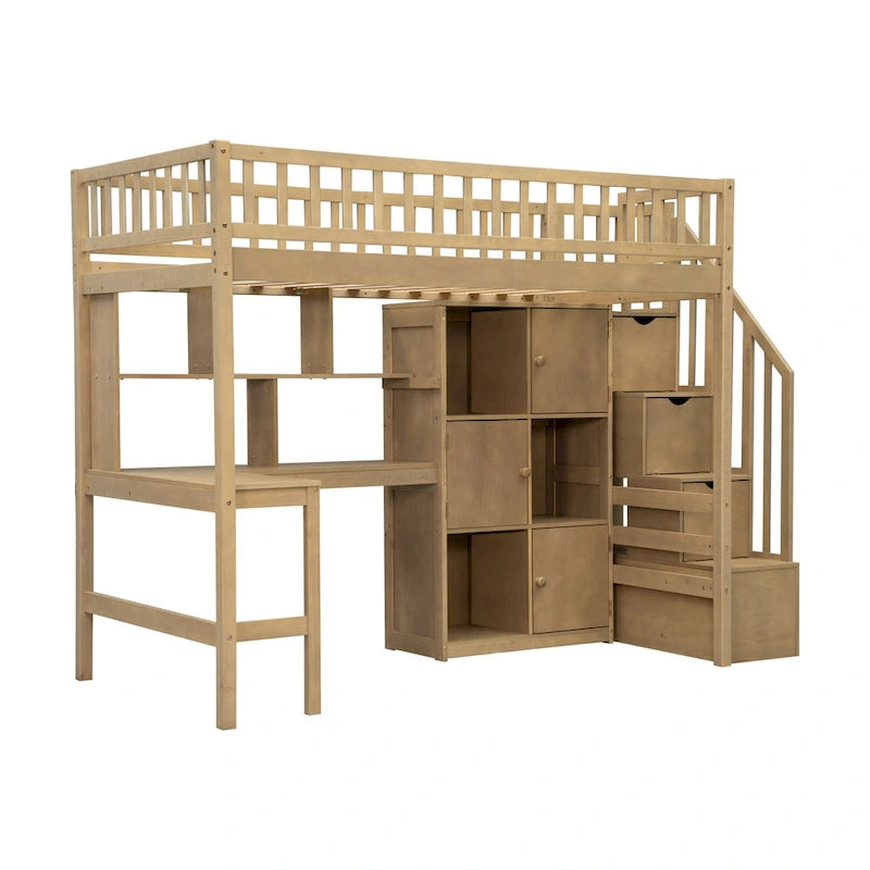 Lit mezzanine double en bois massif avec bureau en L, lumières LED, armoires et escalier de rangement
