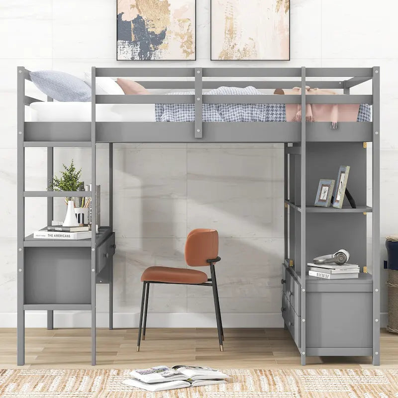 Lit mezzanine gris pleine grandeur avec bureau intégré, tiroirs et étagères de rangement