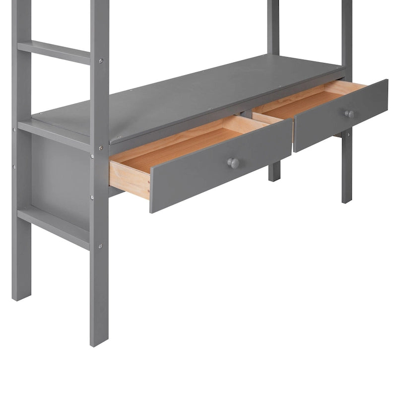 Lit mezzanine gris pleine grandeur avec bureau intégré, tiroirs et étagères de rangement