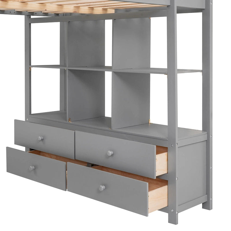 Lit mezzanine gris pleine grandeur avec bureau intégré, tiroirs et étagères de rangement