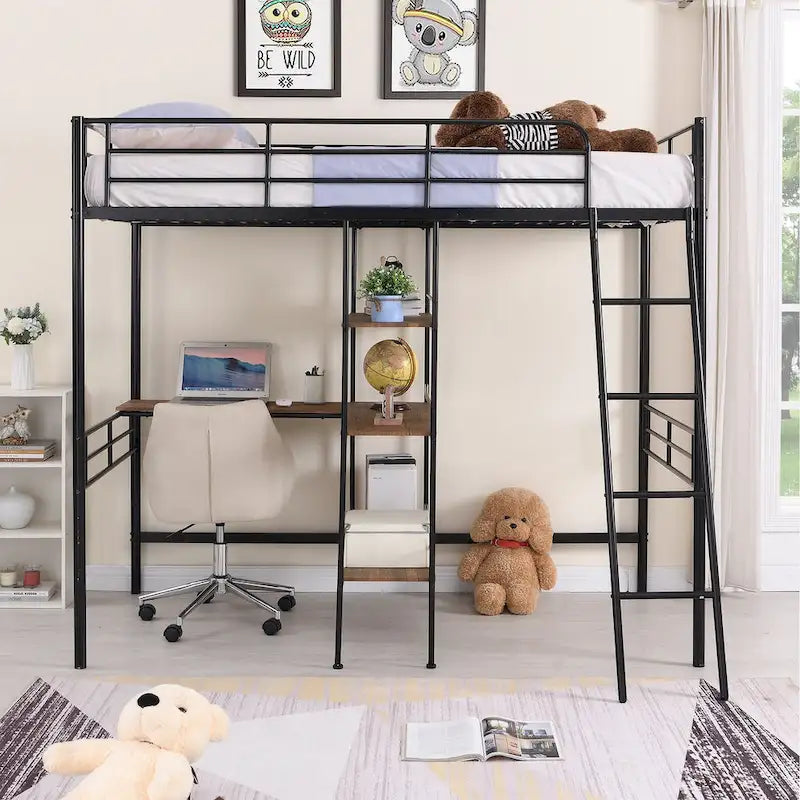Lit mezzanine en métal pour lit simple avec bureau intégré et étagères – Blanc