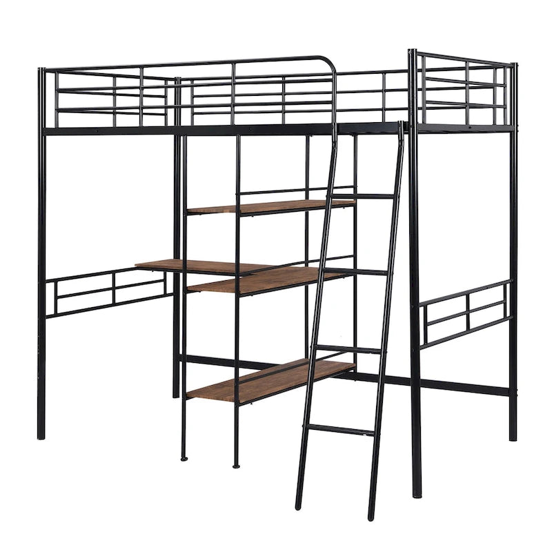 Lit mezzanine en métal pour lit simple avec bureau intégré et étagères – Blanc