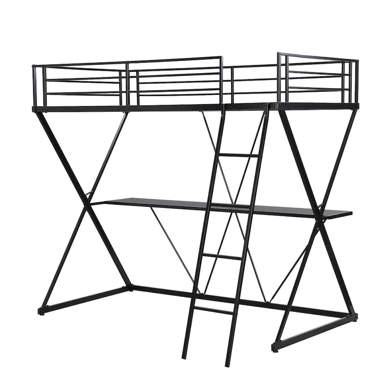 Lit mezzanine métallique une place avec bureau, échelle inclinée et balustrades en X