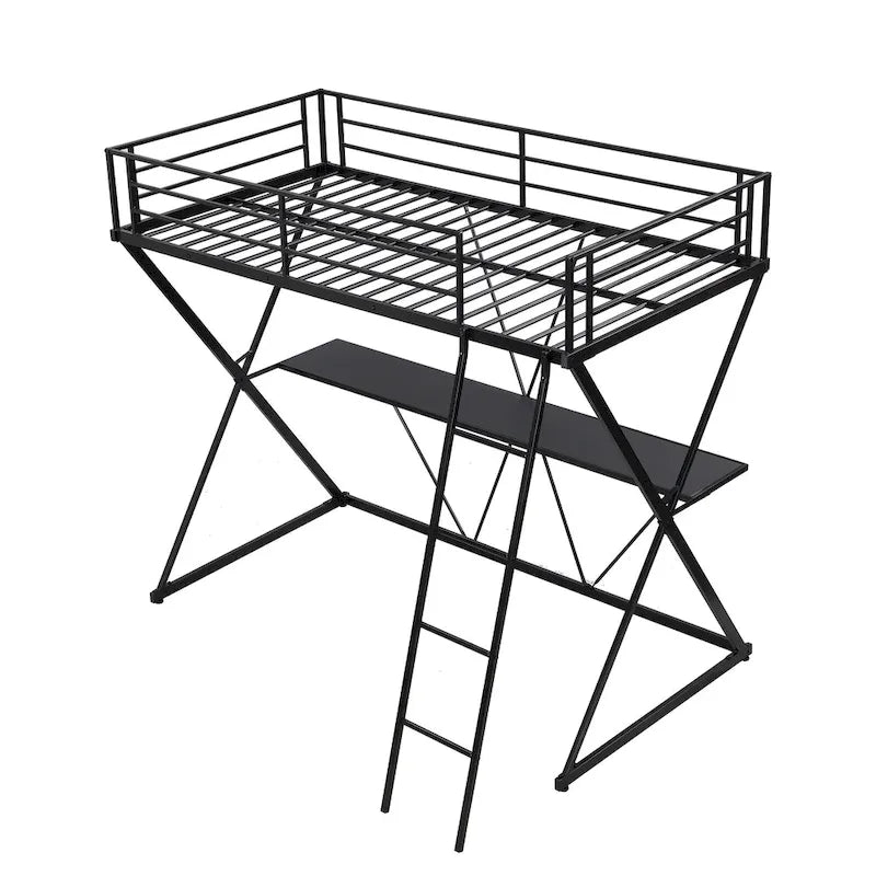 Lit mezzanine métallique une place avec bureau, échelle inclinée et balustrades en X