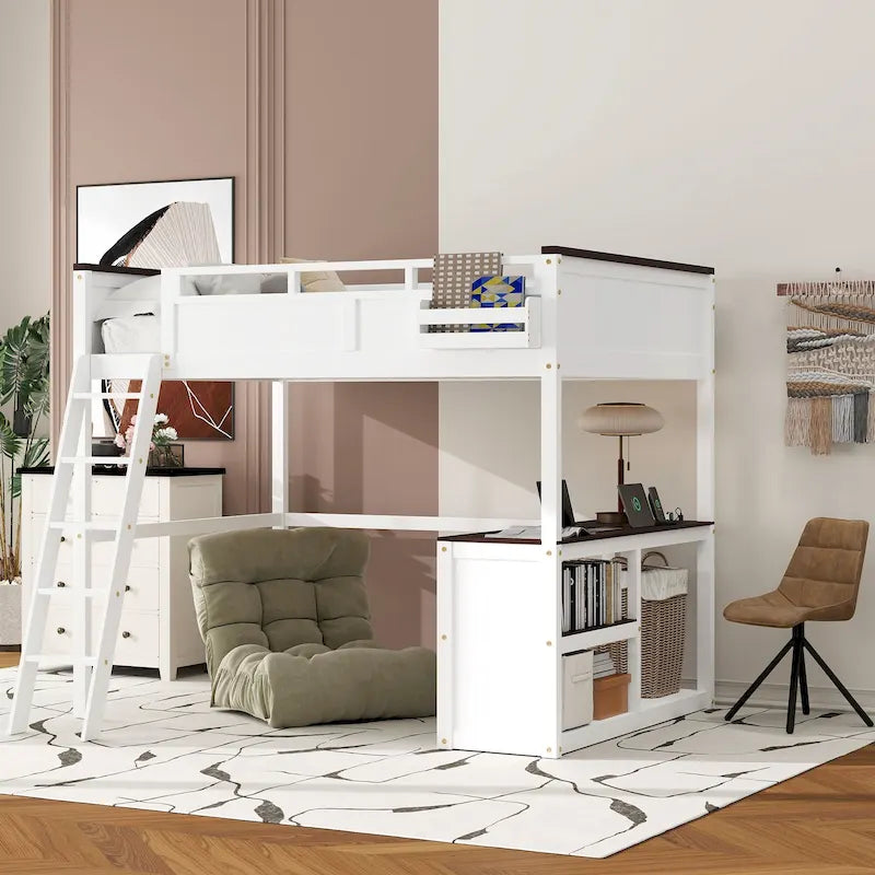 Lit mezzanine double en bois avec bureau, étagères de rangement et station de recharge
