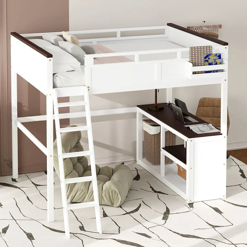 Lit mezzanine double en bois avec bureau, étagères de rangement et station de recharge