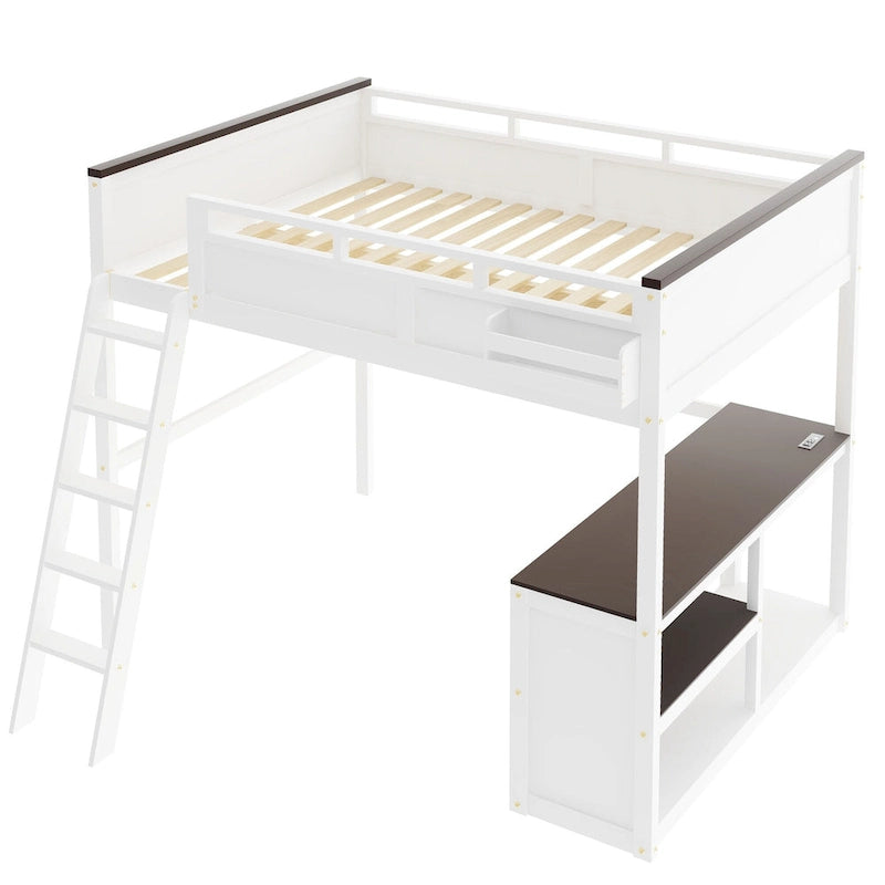 Lit mezzanine double en bois avec bureau, étagères de rangement et station de recharge