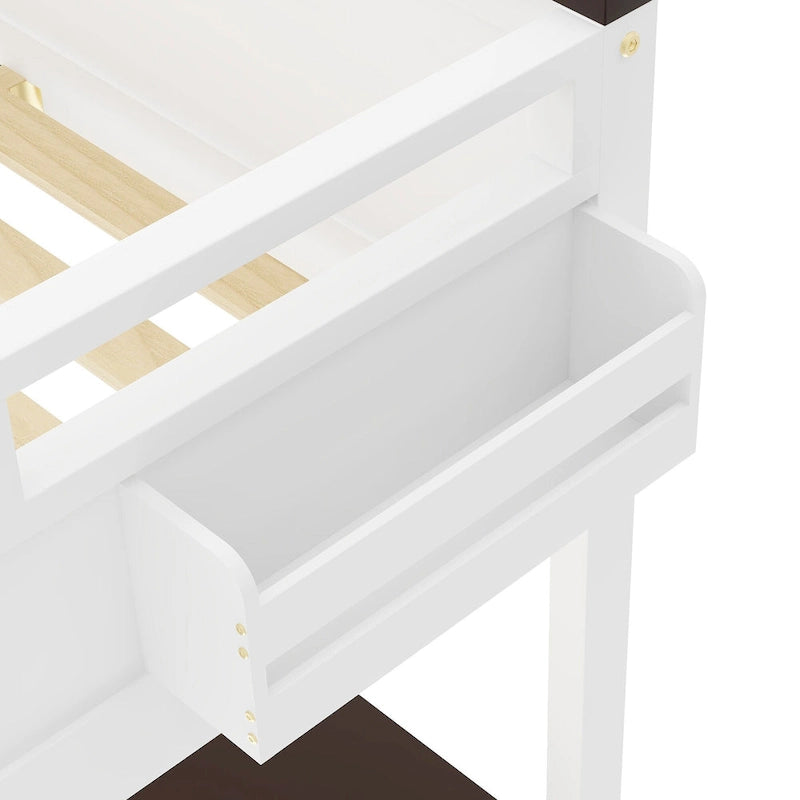 Lit mezzanine double en bois avec bureau, étagères de rangement et station de recharge