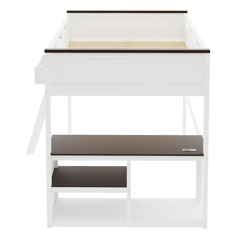 Lit mezzanine double en bois avec bureau, étagères de rangement et station de recharge