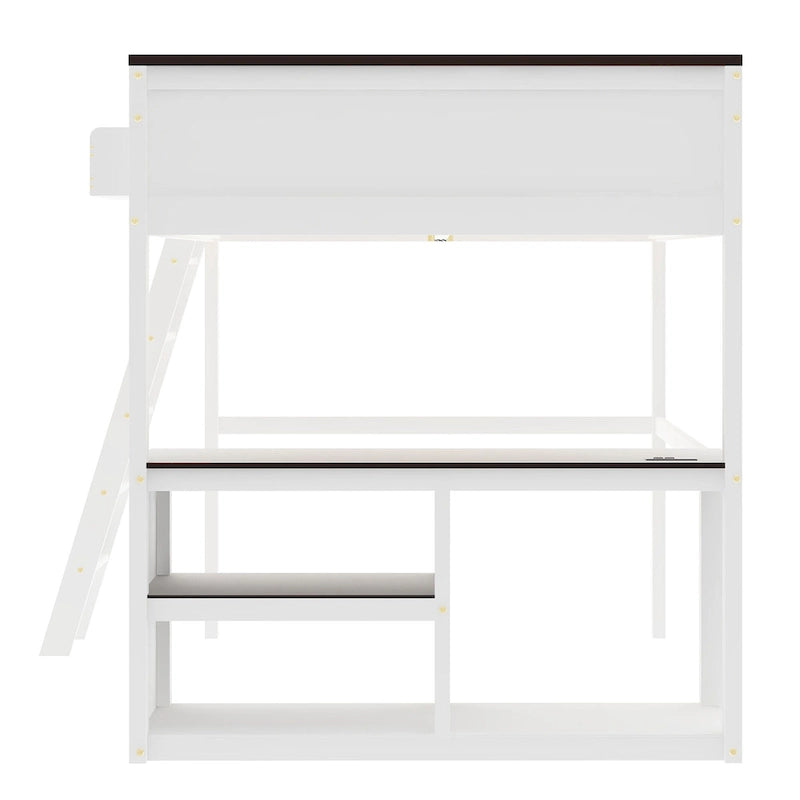 Lit mezzanine double en bois avec bureau, étagères de rangement et station de recharge