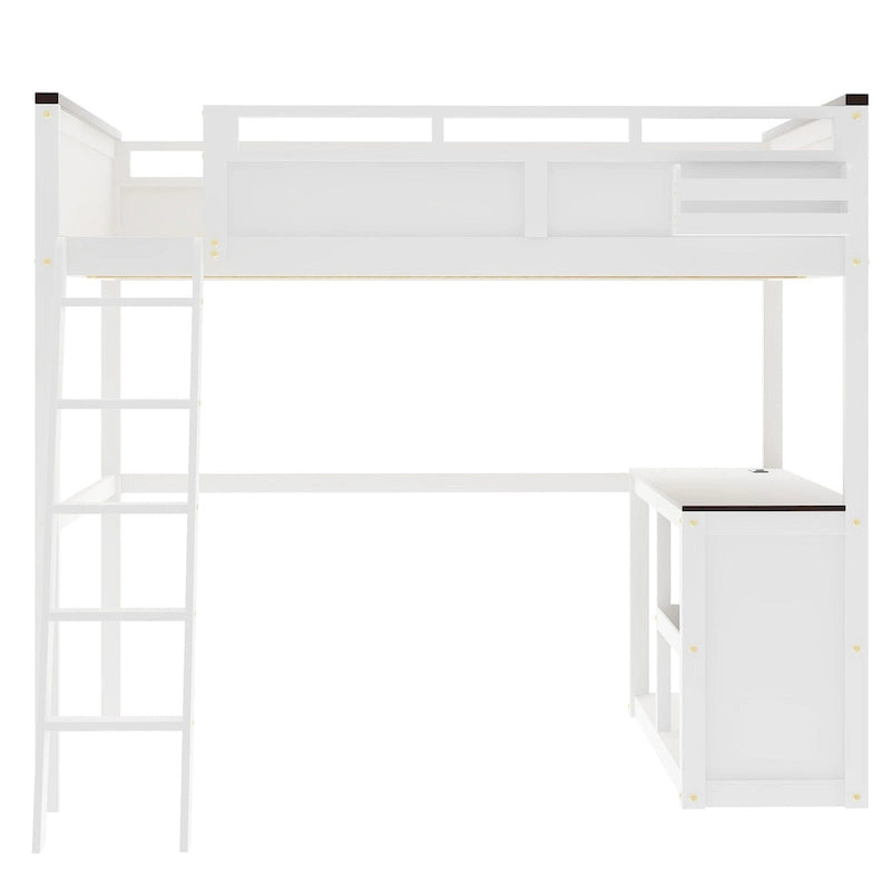 Lit mezzanine double en bois avec bureau, étagères de rangement et station de recharge
