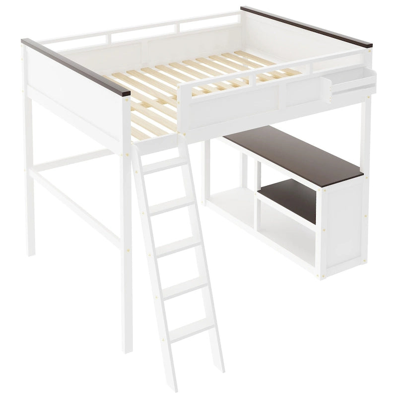Lit mezzanine double en bois avec bureau, étagères de rangement et station de recharge