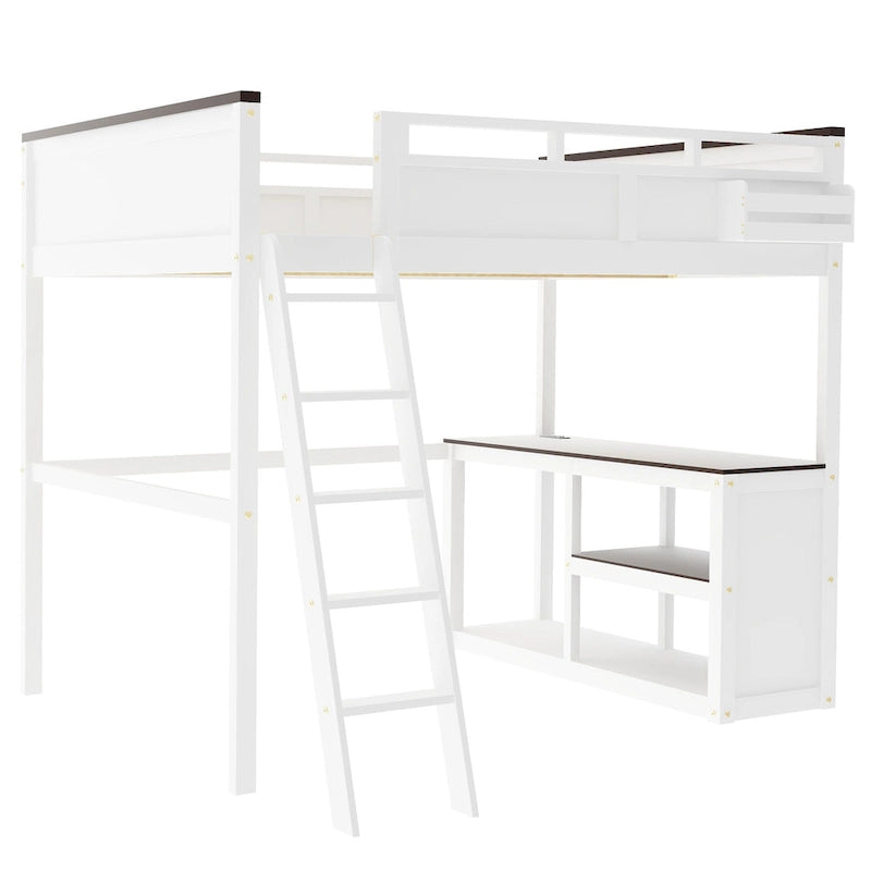 Lit mezzanine double en bois avec bureau, étagères de rangement et station de recharge