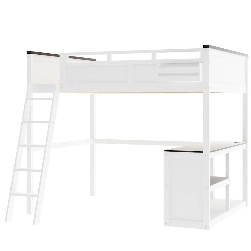Lit mezzanine double en bois avec bureau, étagères de rangement et station de recharge